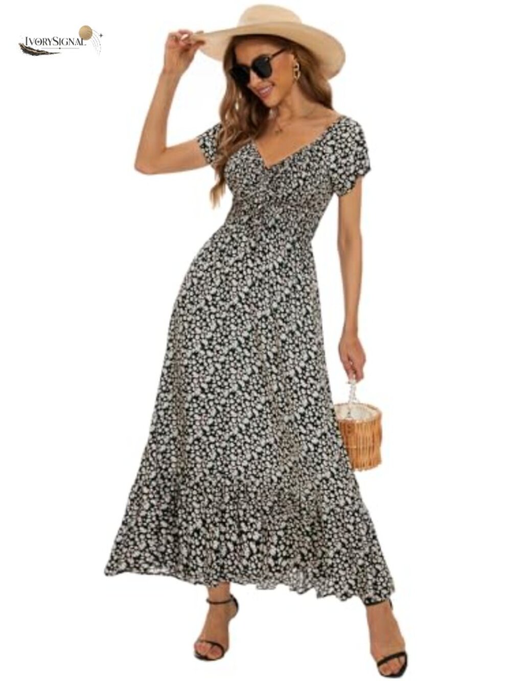 Women's Floral Smocked Maxi Dress - Boho A-Line Tiered Ruffle Hem